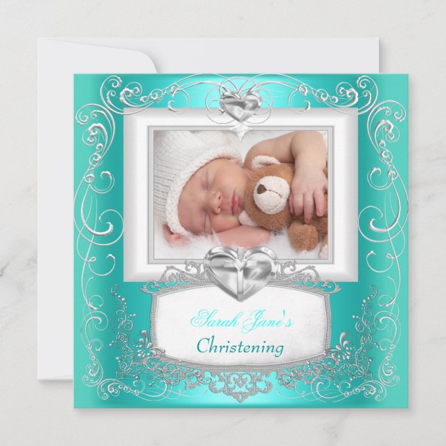 Aqua Teal Baby Girl Boy Christening Baptism Cross Announcement (Front)