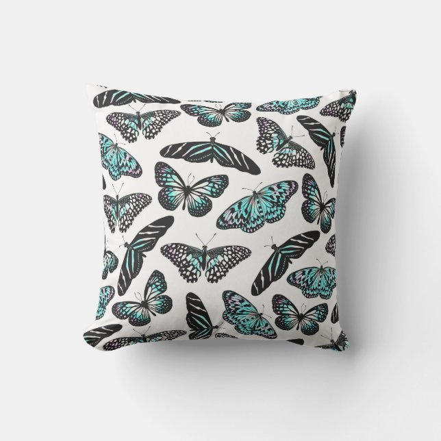 Aqua Teal Black Butterflies Watercolor Pattern Cushion (Front)