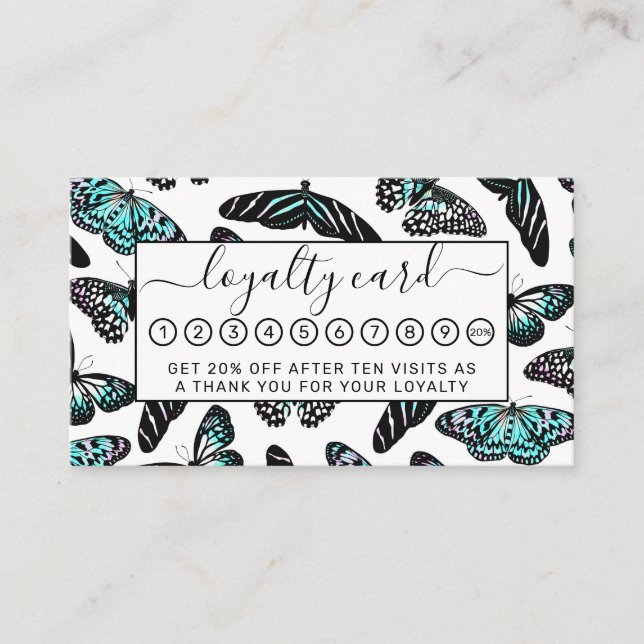 Aqua Teal Black Butterflies Watercolor Pattern Loyalty Card (Front)
