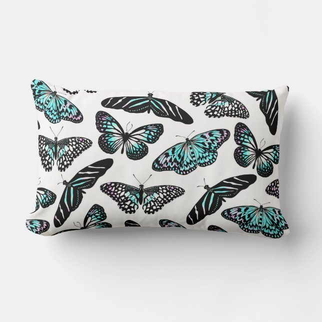 Aqua Teal Black Butterflies Watercolor Pattern Lumbar Cushion (Front)