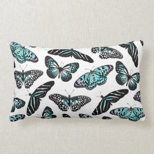 Aqua Teal Black Butterflies Watercolor Pattern Lumbar Cushion