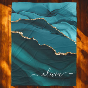 Aqua Teal Blue Agate Geode Gold Monogram Fleece Blanket