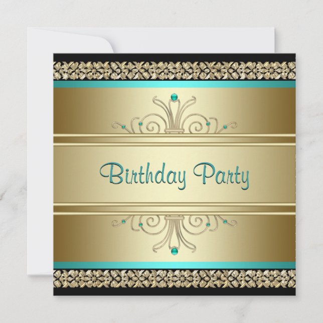 Aqua Teal Blue and Gold Birthday Party Invitation (Front)