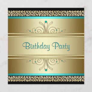 Aqua Teal Blue and Gold Birthday Party Invitation