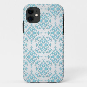 Aqua Teal Blue and Silver Damask iPhone 11 Case
