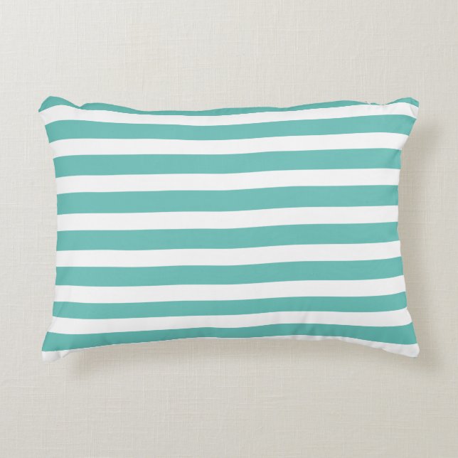 Aqua Teal Blue and White Striped Nautical Coastal  Decorative Cushion (Front)