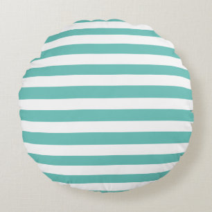 Aqua Teal Blue and White Striped Nautical Coastal  Round Cushion