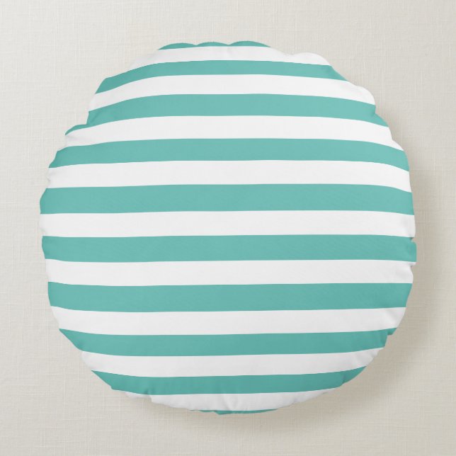 Aqua Teal Blue and White Striped Nautical Coastal  Round Cushion (Front)