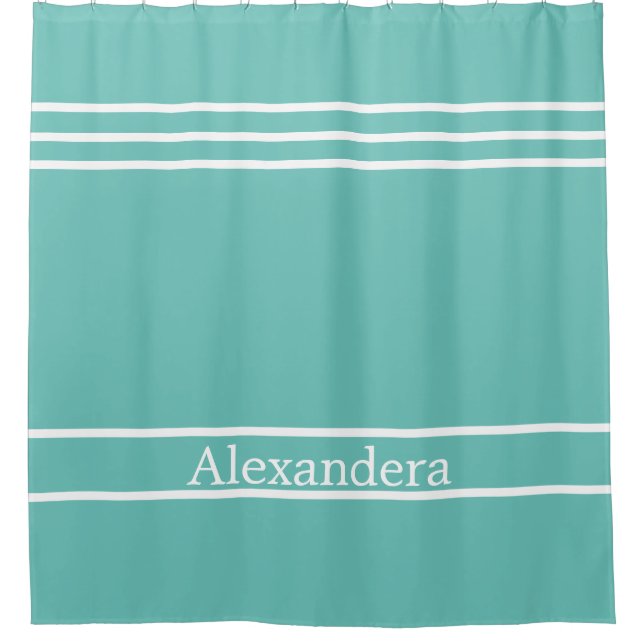 Aqua Teal Blue and White Striped Nautical Coastal  Shower Curtain (Front)