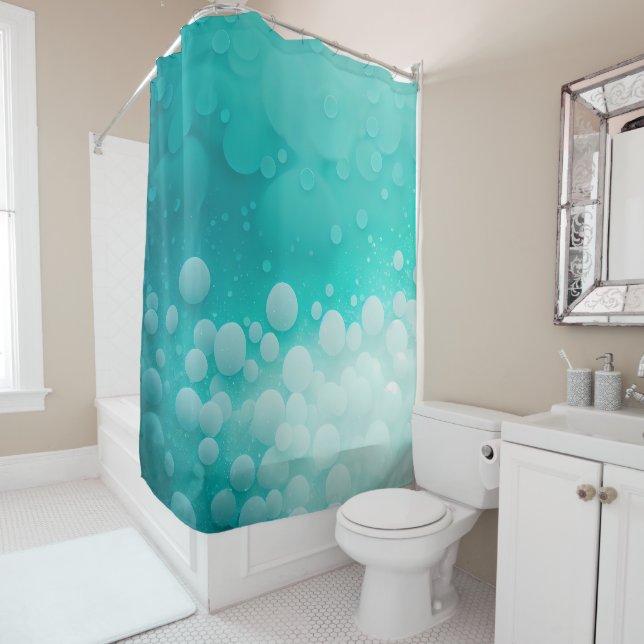 Aqua Teal Blue Bubbles White Watercolor Abstract Shower Curtain (In Situ)