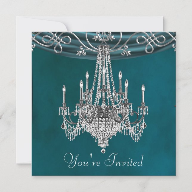 Aqua Teal Blue Chandelier Party Invitations (Front)