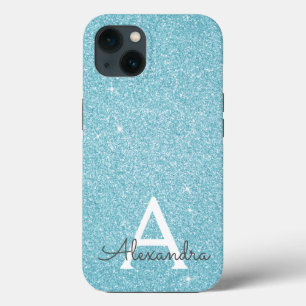 Aqua Teal Blue Glitter and Sparkle Monogram Case-M iPhone 13 Case