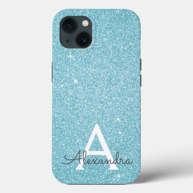 Aqua Teal Blue Glitter and Sparkle Monogram Case-M Case-Mate iPhone Case (Back)