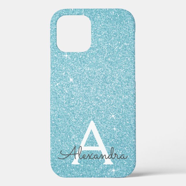 Aqua Teal Blue Glitter and Sparkle Monogram Case-Mate iPhone Case (Back)