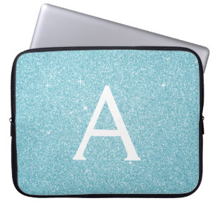Aqua Teal Blue Glitter and Sparkle Monogram Laptop Sleeve