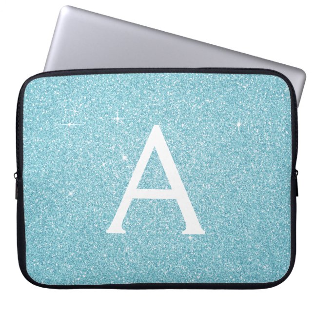 Aqua Teal Blue Glitter and Sparkle Monogram Laptop Sleeve (Front)