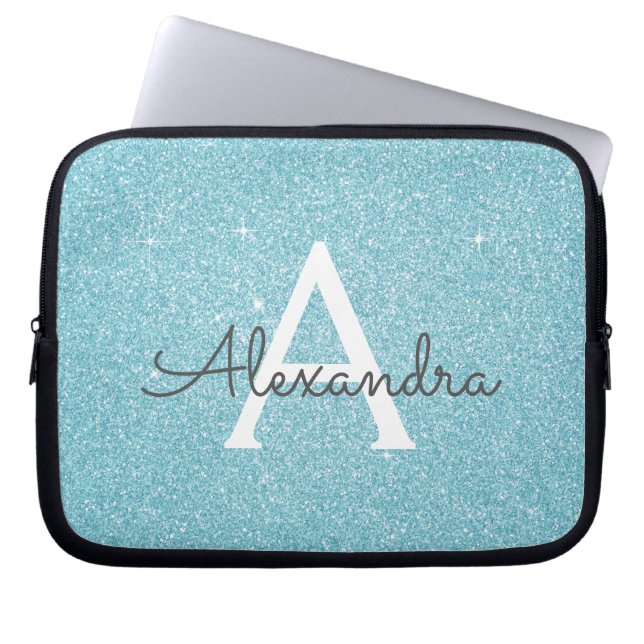 Aqua Teal Blue Glitter and Sparkle Monogram Laptop Sleeve (Front)