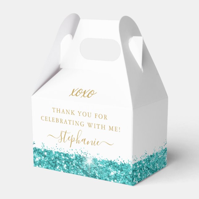 Aqua Teal Blue Glitter Confetti Chic Personalised Favour Box (Front Side)