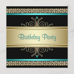 Aqua Teal Blue Gold Black Womans Birthday Party Invitation