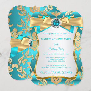 Aqua Teal Blue Gold Damask Birthday Party Invite