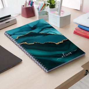 Aqua Teal Blue Green Agate Geode Gold Monogram Notebook
