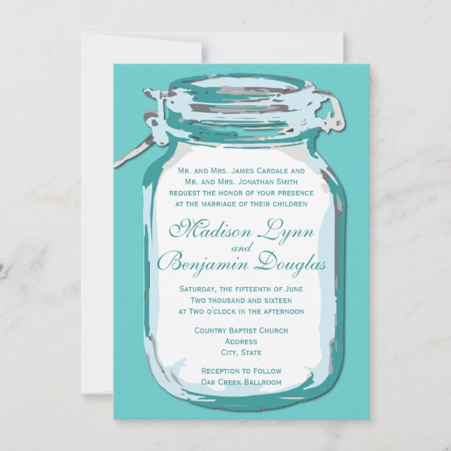 Aqua Teal Blue Mason Jar Rustic Wedding Invitation (Front)
