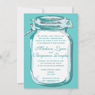 Aqua Teal Blue Mason Jar Rustic Wedding Invitation