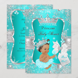 Aqua Teal Blue Princess Baby Shower Brunette Invitation