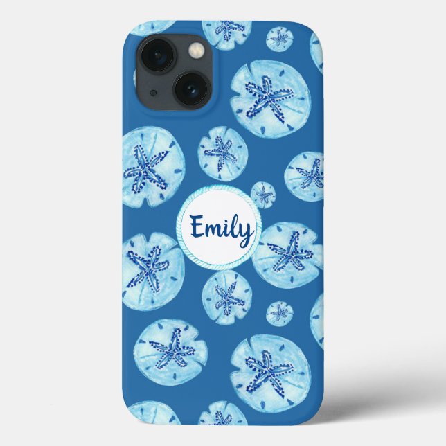 Aqua-teal blue sand dollar watercolor-custom name Case-Mate iPhone case (Back)