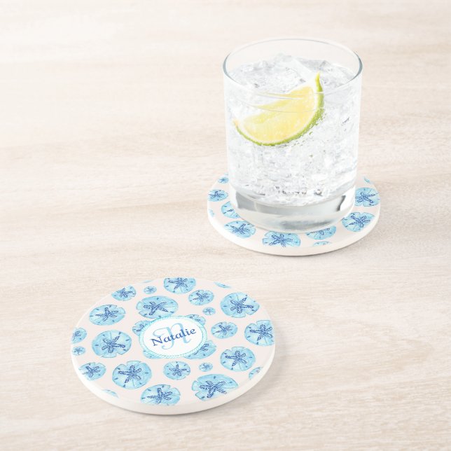Aqua teal-blue sand dollar watercolor custom name  coaster (Side)