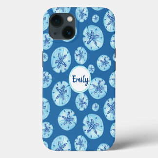 Aqua-teal blue sand dollar watercolor-custom name iPhone 13 case