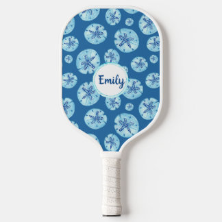 Aqua-teal blue sand dollar watercolor-custom name  pickleball paddle