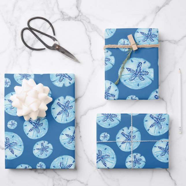 Aqua-teal blue sand dollar watercolor  wrapping paper sheet (Front)