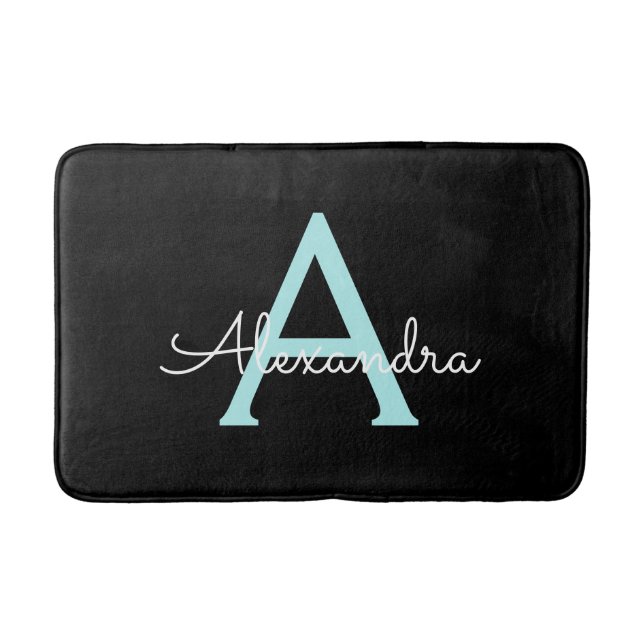 Aqua Teal Blue Script Girly Monogram Name Bath Mat (Front)