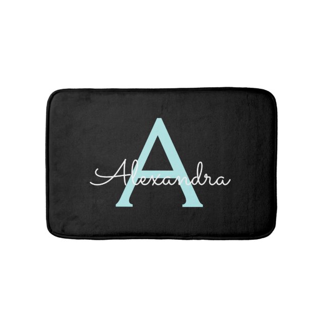 Aqua Teal Blue Script Girly Monogram Name Bath Mat (Front)