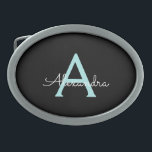 Aqua Teal Blue Script Girly Monogram Name Belt Buckle<br><div class="desc">Black and Aqua Teal Blue Simple Script Monogram Name Belt Buckle. This makes the perfect graduation,  sweet 16 16th,  18th,  21st,  30th,  40th,  50th,  60th,  70th,  80th,  90th,  100th birthday,  wedding,  bridal shower,  anniversary,  baby shower or bachelorette party gift for someone that loves glam luxury and chic styles.</div>