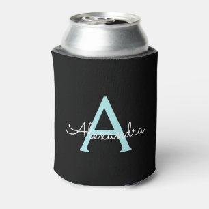 Aqua Teal Blue Script Girly Monogram Name Can Cooler