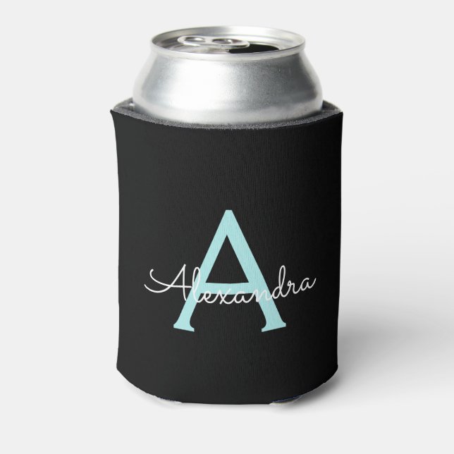 Aqua Teal Blue Script Girly Monogram Name Can Cooler (Can Back)