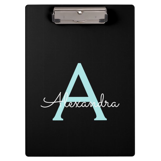 Aqua Teal Blue Script Girly Monogram Name Clipboard (Front)