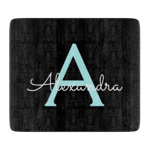 Aqua Teal Blue Script Girly Monogram Name Cutting Board