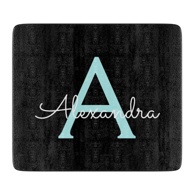 Aqua Teal Blue Script Girly Monogram Name Cutting Board (Front)
