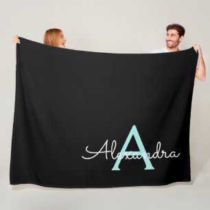 Aqua Teal Blue Script Girly Monogram Name Fleece Blanket