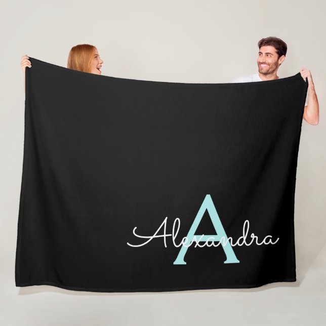 Aqua Teal Blue Script Girly Monogram Name Fleece Blanket (In Situ)