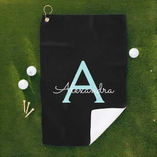 Aqua Teal Blue Script Girly Monogram Name Golf Towel