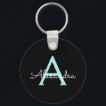 Aqua Teal Blue Script Girly Monogram Name Key Ring<br><div class="desc">Black and Aqua Teal Blue Simple Script Monogram Name Keychains (Key Chain). This makes the perfect sweet 16 birthday,  wedding,  bridal shower,  anniversary,  baby shower or bachelorette party gift for someone that loves glam luxury and chic styles.</div>