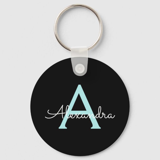 Aqua Teal Blue Script Girly Monogram Name Key Ring (Front)
