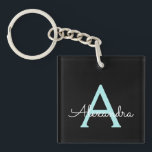 Aqua Teal Blue Script Girly Monogram Name Key Ring<br><div class="desc">Black and Aqua Blue Teal Simple Script Monogram Name Keychain. This makes the perfect sweet 16 birthday,  wedding,  bridal shower,  anniversary,  baby shower or bachelorette party gift for someone that loves glam luxury and chic styles.</div>