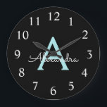 Aqua Teal Blue Script Girly Monogram Name Large Clock<br><div class="desc">Aqua Teal Blue and Gold Simple Script Monogram Name Clock. This makes the perfect sweet 16 birthday,  wedding,  bridal shower,  anniversary,  baby shower or bachelorette party gift for someone that loves glam luxury and chic styles.</div>