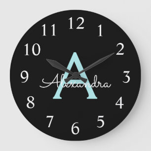 Aqua Teal Blue Script Girly Monogram Name Large Clock