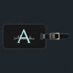 Aqua Teal Blue Script Girly Monogram Name Luggage Tag<br><div class="desc">Black and Aqua Blue Teal Monogram Add your own Name Script Luggage Bag Tag The bag tag makes the perfect sweet 16 birthday,  wedding,  bridal shower,  baby shower or bachelorette party gift for someone decorating her room in style.</div>